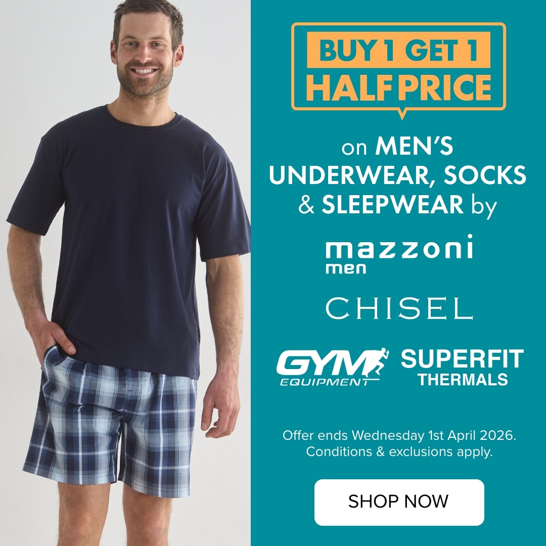 BUY 1 GET 1 HALF PRICE on Men's Underwear, Socks & Sleepwear by Mazzoni, Chisel, Calvin Klein, Gym Equipment & Superfit
