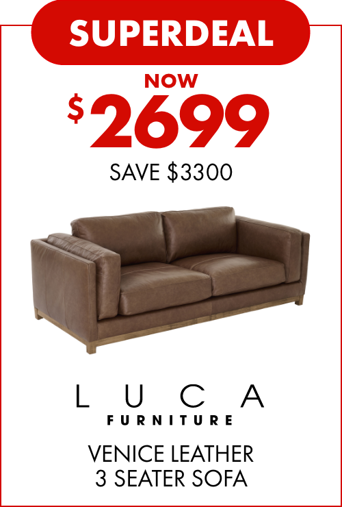 SUPERDEAL NOW $2699 SAVE $3300 LUCA Furniture Venice Leather 3 Seater Sofa