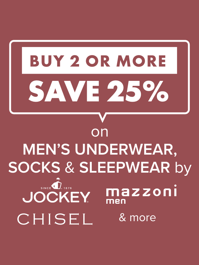 Buy 2 or more Save 25% on Men's Underwear, Socks & Sleepwear by Jockey, Bonds, Mazzoni, Chisel, Gym Equipment, Superfit Thermals & Mitchdowd