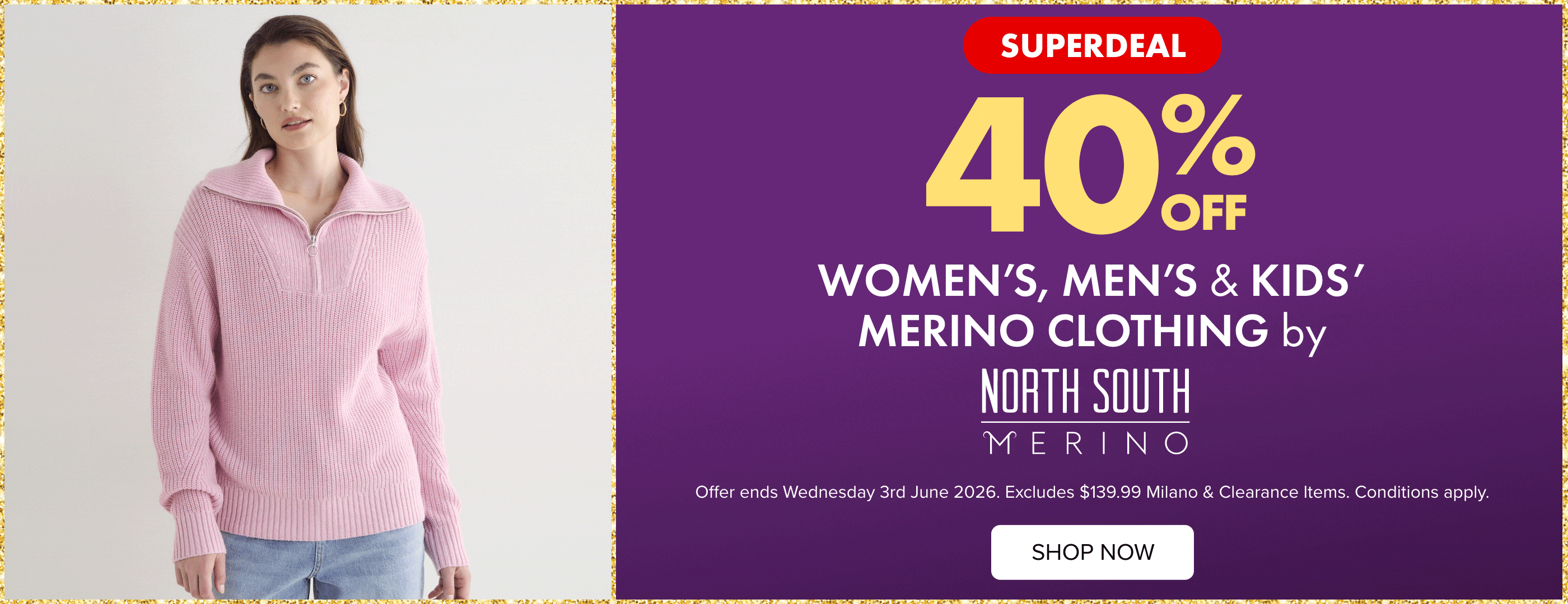 Superdeal 40% OFF Women's, Men's & Kids' Merino Clothing by North South Merino