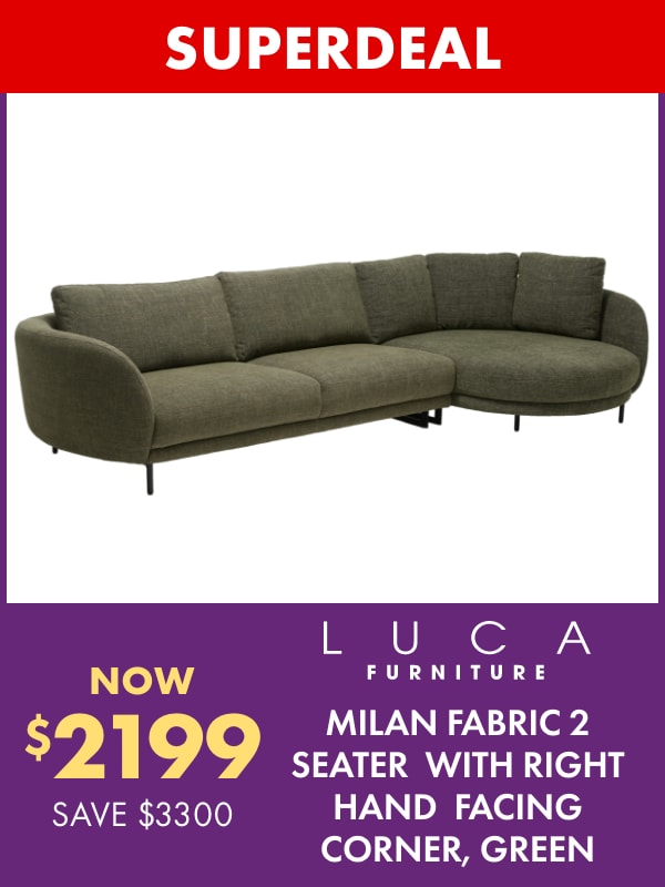 SUPERDEAL NOW $2199 SAVE $3300 LUCA Furniture Milan Fabric 2 Seater with Right Hand Facing Corner, Green