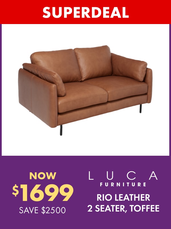 SUPERDEAL NOW $1699 SAVE $2500 LUCA Furniture Rio Leather 2 Seater, Toffee
