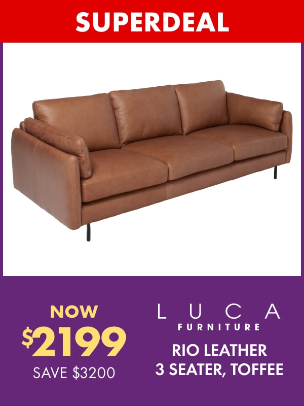 SUPERDEAL NOW $2199 SAVE $3200 LUCA Furniture Rio Leather 3 Seater, Toffee