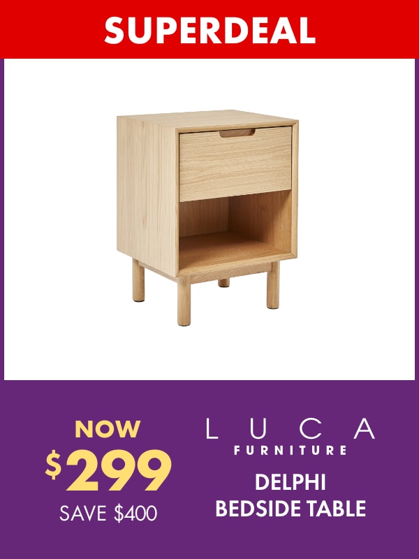 SUPERDEAL NOW $299 SAVE $400 LUCA Furniture Delphi Bedside Table