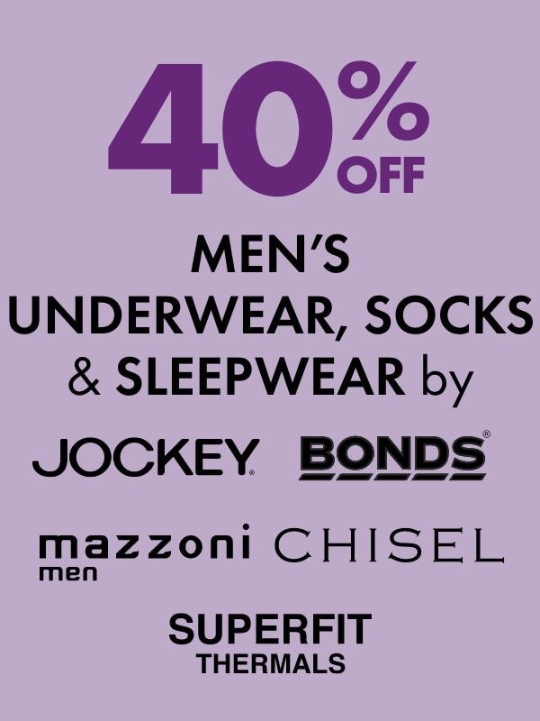 40% Off Men's Underwear, Socks & Sleepwear by Jockey, Bonds, Mazzoni, Chisel & Superfit Thermals
