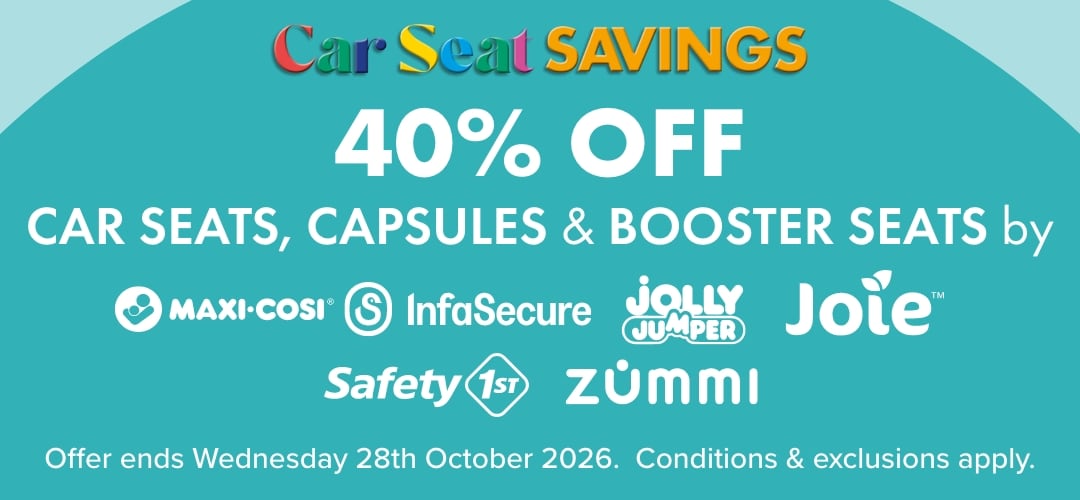 40% OFF Car Seats, Capsules & Booster Seats by Maxi Cosi, InfaSecure, Safety First, Jolly Jumper, Zummi & Joie