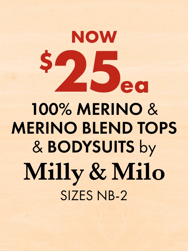 Now $25 ea - 100% Merino & Merino Blend Tops & Bodysuits by Milly & Milo, Sizes NB-2