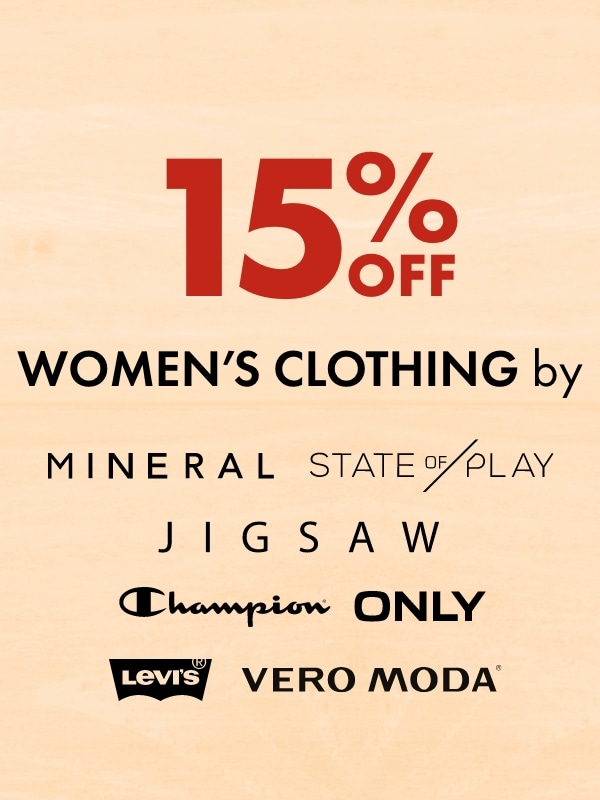 15% OFF Women's Clothing by Mineral, State of Play, Jigsaw, Champion, ONLY, Levis, Vero Moda