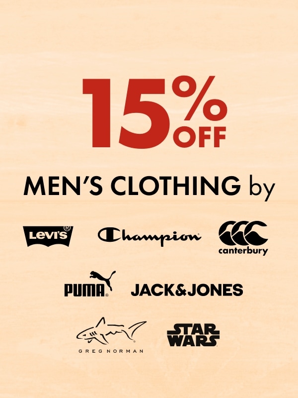 15% OFF Men's Clothing by Levis, Champion, Canterbury, Puma, Jack&Jones, Greg Norman, Star Wars