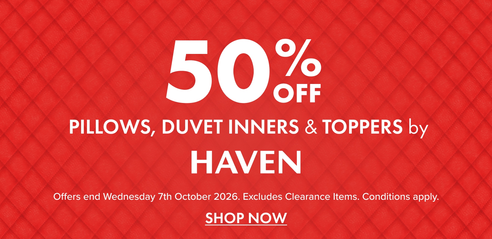 50% off pillows, duvet inners and toppers by Haven
