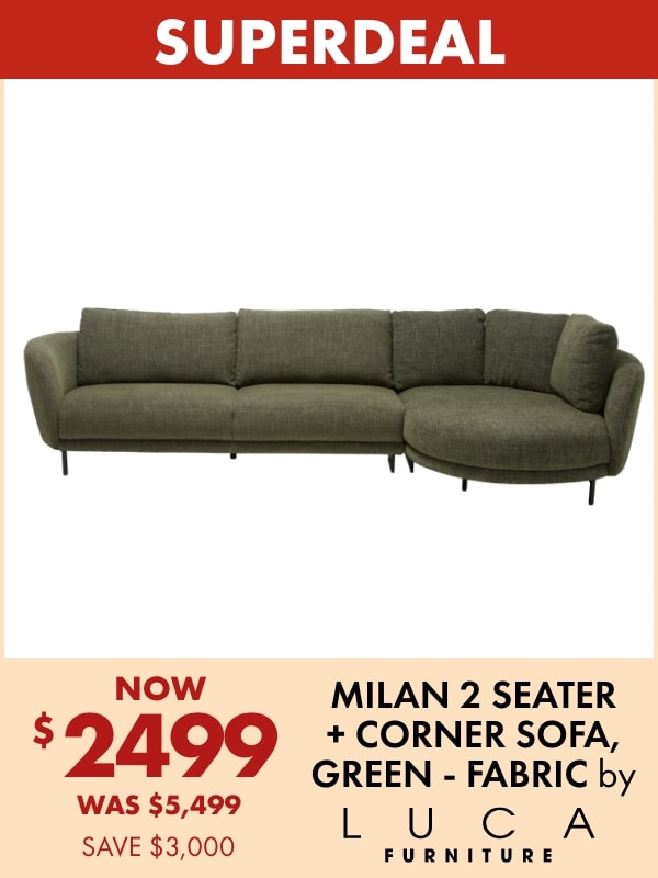 NOW $2499 Milan 2 Seater + Corner Sofa, Green - Fabric by LUCA Furniture