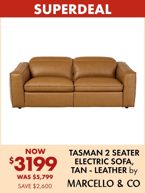 NOW $3199 Tasman 2 Seater Electric Sofa, Tan - Leather by Marcello&Co