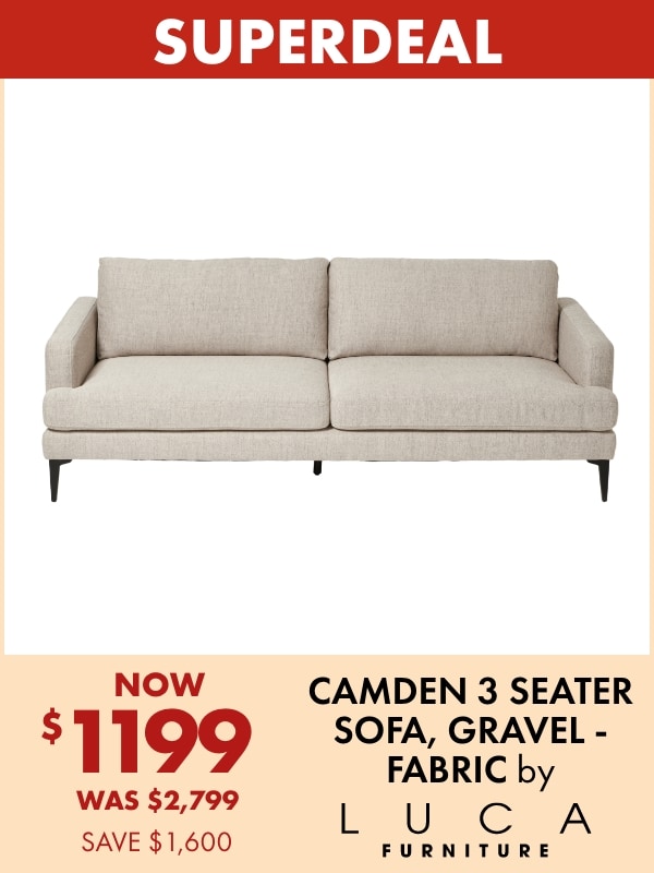 NOW $1199 Camden 3 Seater Sofa, Gravel - Fabric by LUCA Furniture