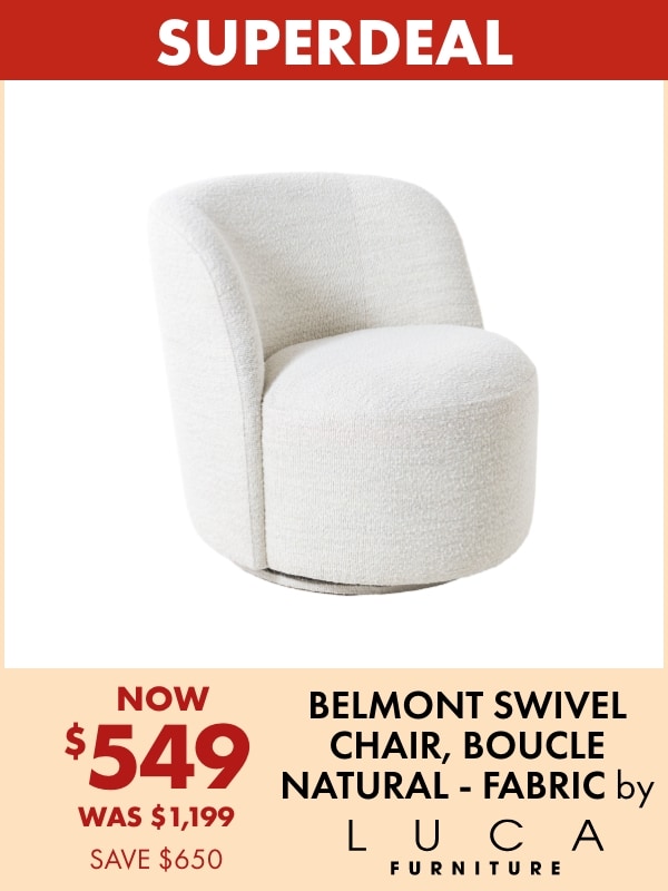 NOW $549 Belmont Swivel Chair, Boucle Natural - Fabric by LUCA Furniture