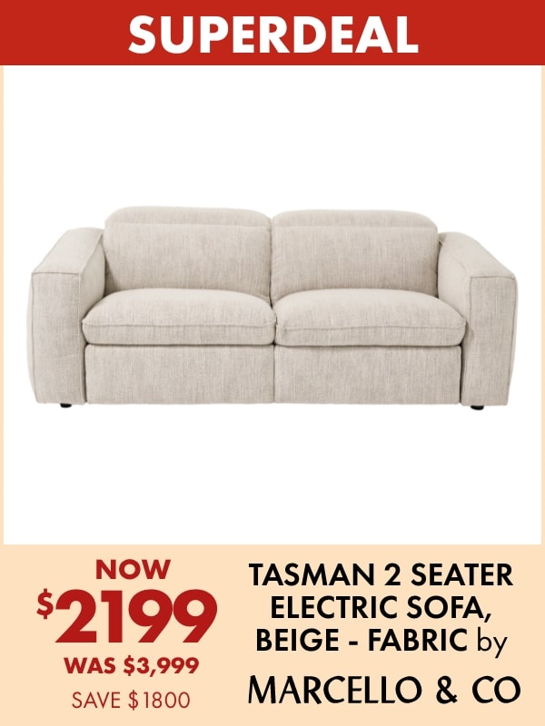 NOW $2199 Tasman 2 Seater Electric Sofa, Beige - Fabric by Marcello&Co