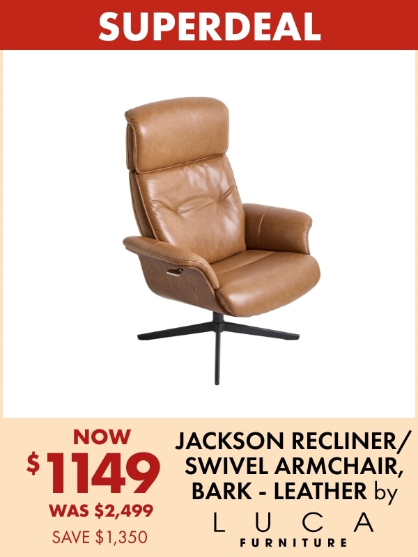 NOW $1149 Jackson Recliner/Swivel Armchair, Bark - Leather by LUCA Furniture