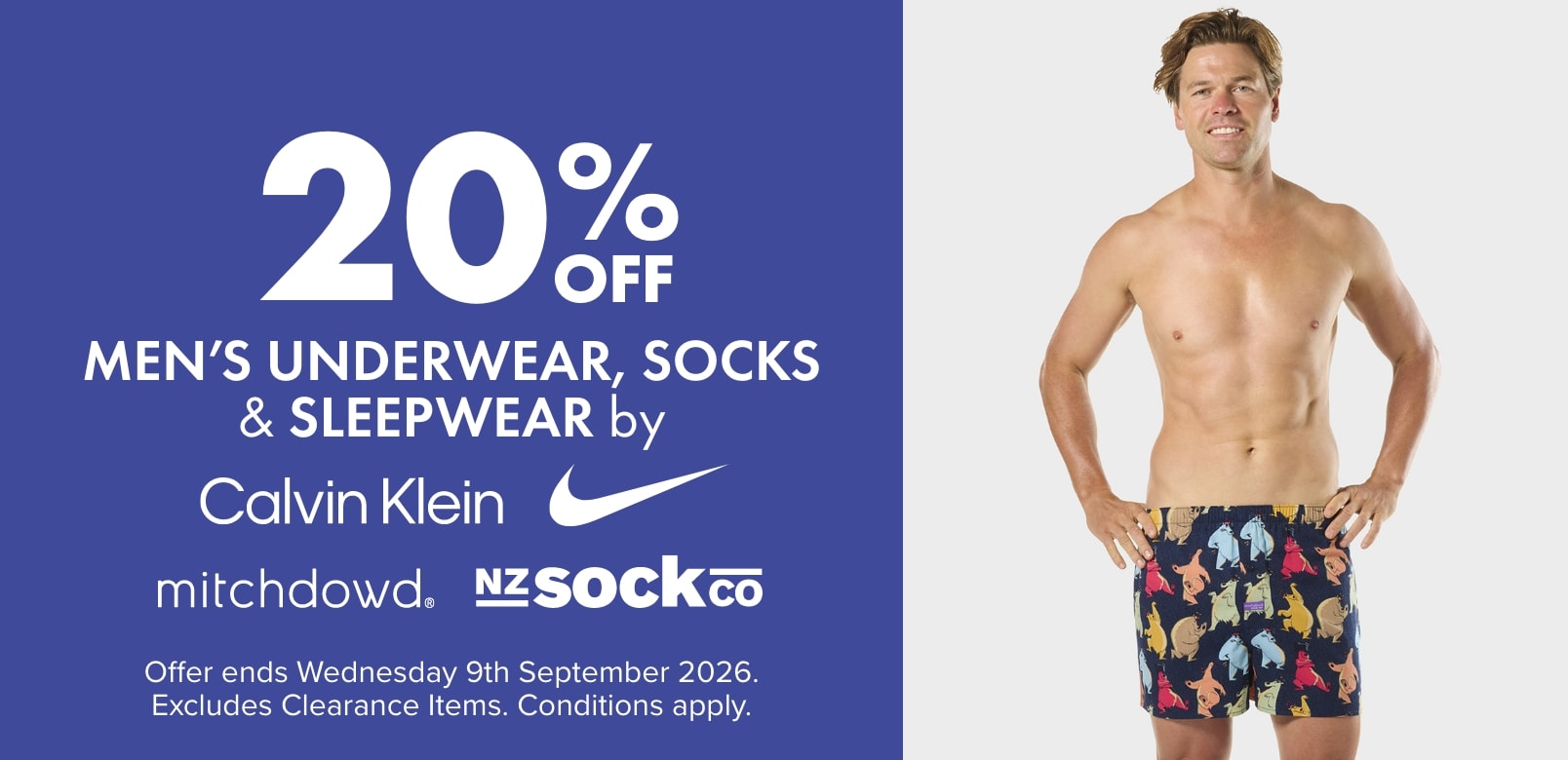 20% OFF Men's Underwear, Socks & Sleepwear by Calvin Klein, Nike, Mitchdowd & NZ Socks