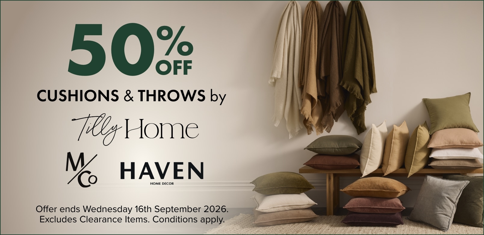 50% OFF Cushions & Throws by Tilly Home, M&Co & Haven Home Decor