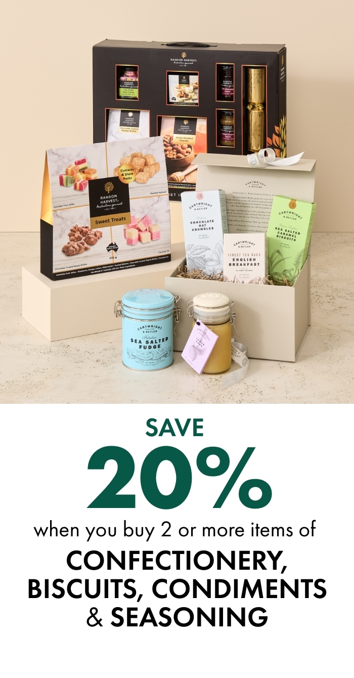 SAVE 20% when you buy 2 or more Confectionery, Biscuits, Condiments & Seasoning
