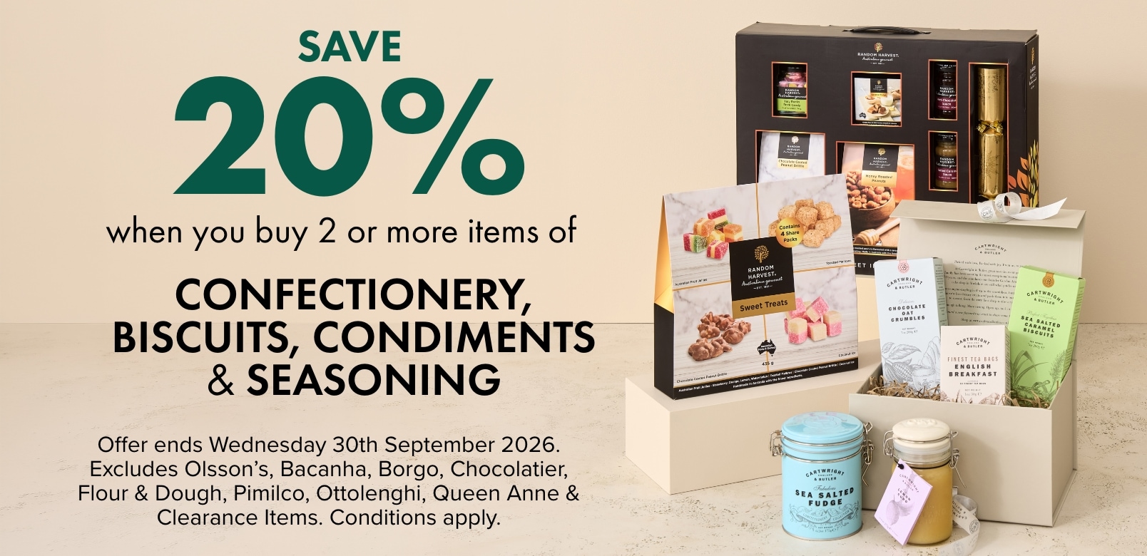 SAVE 20% when you buy 2 or more items of Confectionery, Biscuits, Condiments & Seasoning