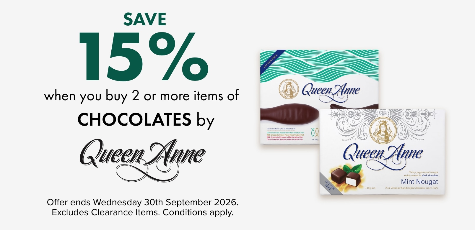 SAVE 15% when you buy 2 or more items of Chocolates by Queen Anne