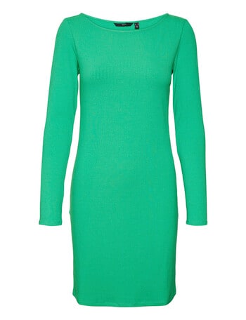 Vero Moda Carina Long Sleeve Boatneck Mini Dress, Bright Green product photo