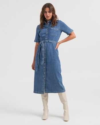 ONLY Lana Denim Short Sleeve Long Dress, Medium Blue product photo