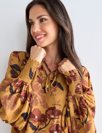 Whistle Vienna Floral Long Sleeve Blouse, Tan product photo