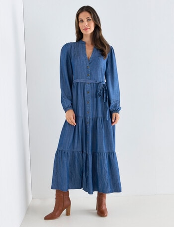 Whistle Long Sleeve Tiered Midi Denim Dress, Blue product photo