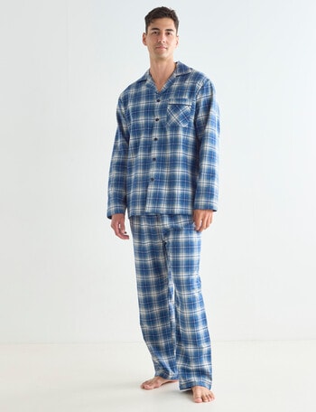 Chisel Check Flannel Long PJ Set, Blue & White product photo