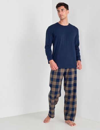 Mazzoni Long Sleeve Tee & Brushed Check Pant PJ Set, Navy & Gold product photo