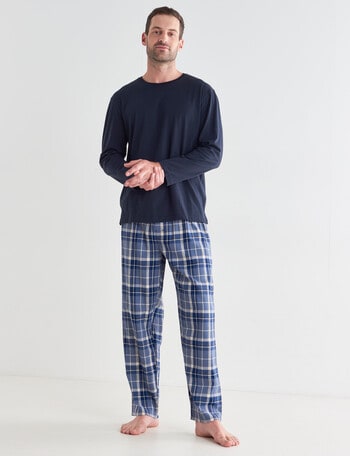Mazzoni V-Neck Long Sleeve Tee & Check Pant PJ Set, Navy, Blue & White product photo